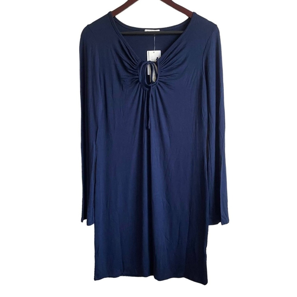 Loveappella‎ Women Mini Dress M Navy Tie Keyhole Jersey Minimalist Modern NEW